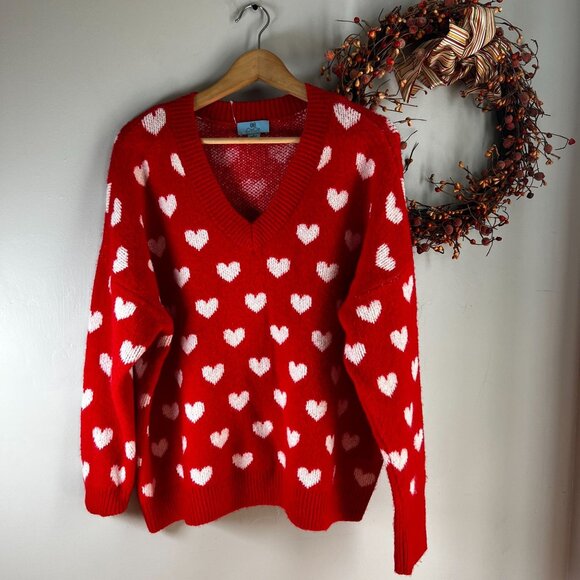CeCe Nordstrom Womens Heart Print Valentine Soft Sweater MEDIUM Red - Picture 1 of 9